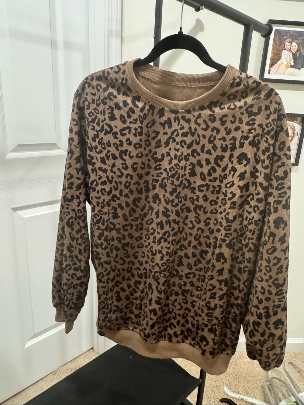 Amazon Brown and Black Leopard Print Crewneck Corduroy Sweatshirt